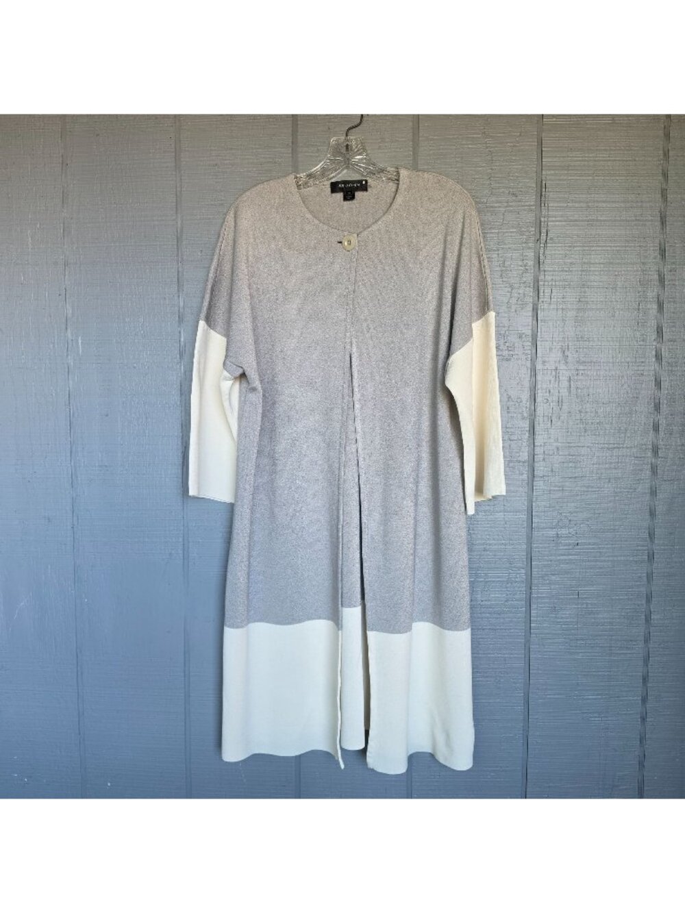 St. John Long Colorblock Knit Cardigan Gray Ivory Made in USA Layering Size 10